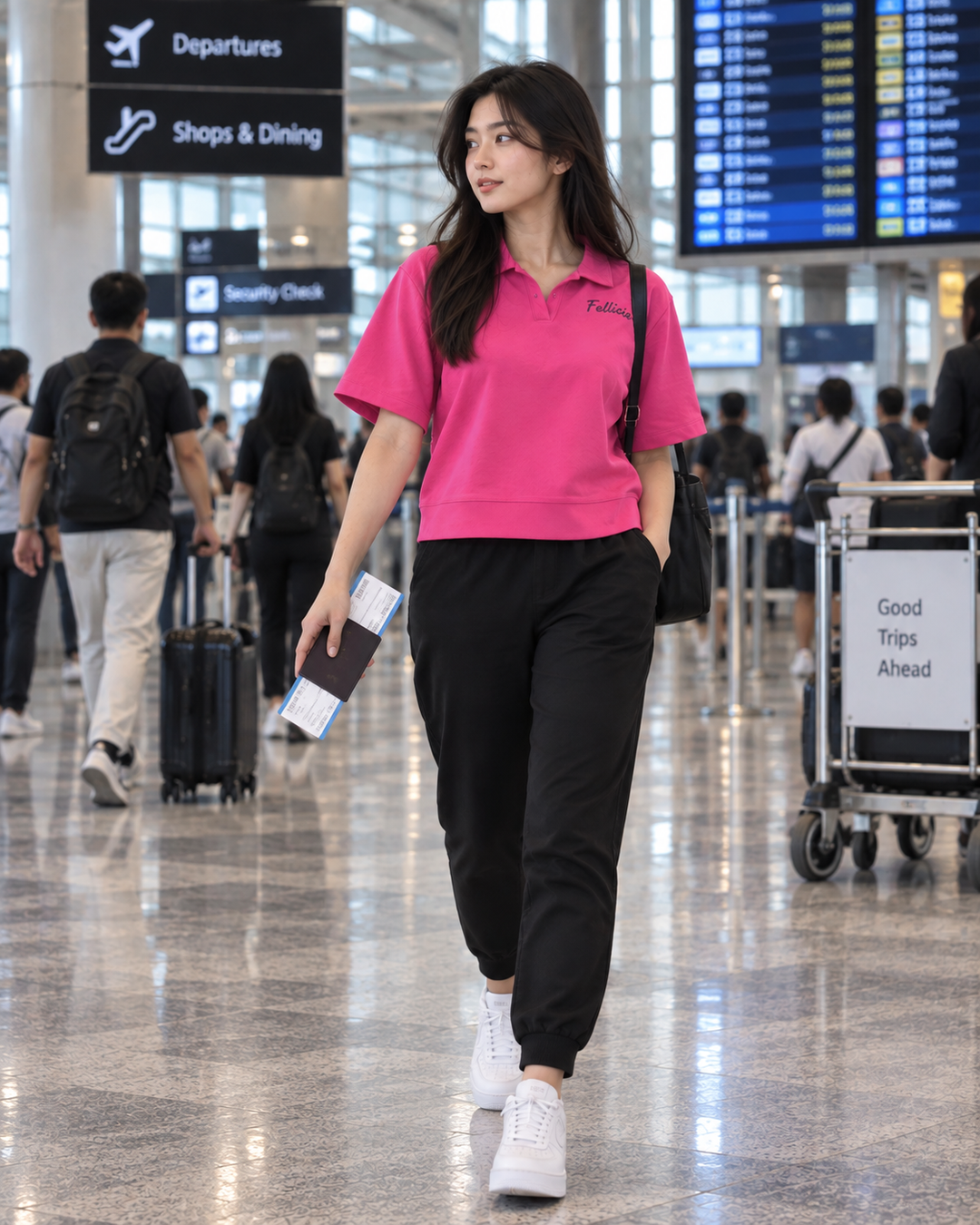 SweatTee& Jogger Vacation Set (Fuchsia PINK-Black)