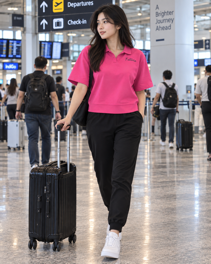 SweatTee& Jogger Vacation Set (Fuchsia PINK-Black)