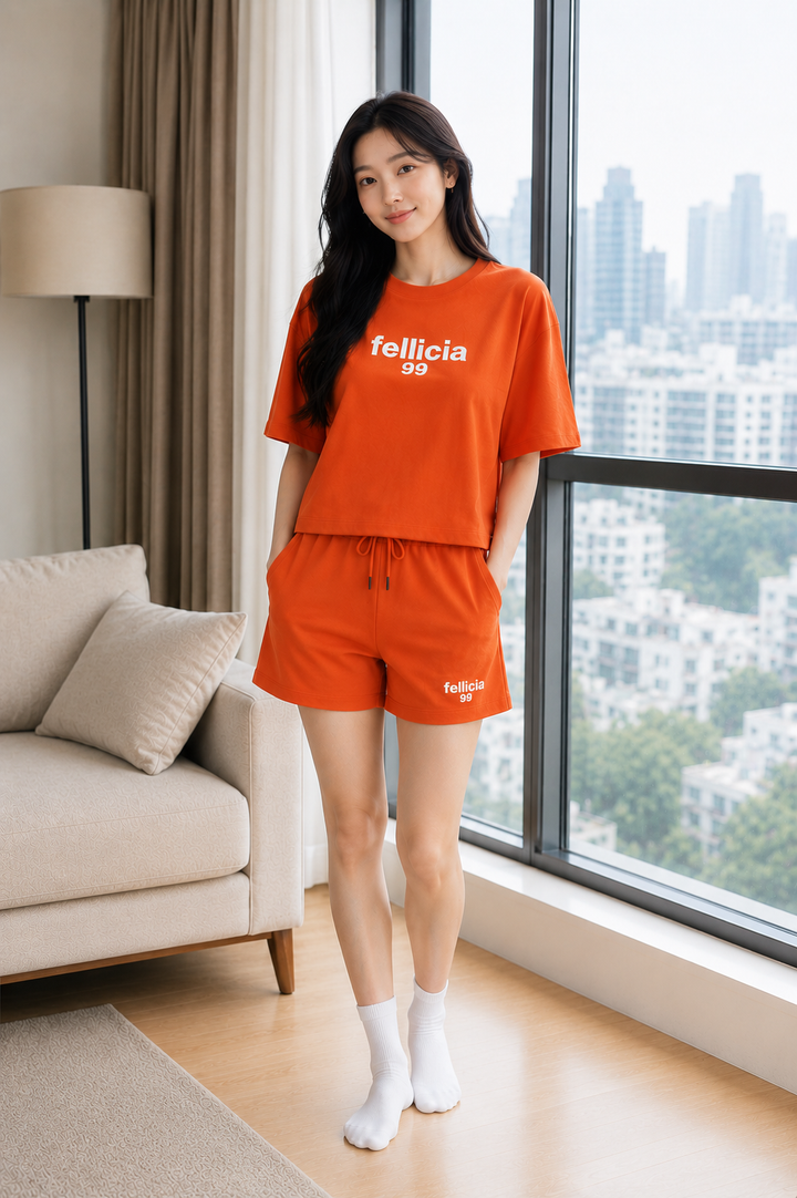 100% Cotton Loop Knit Tee & Shorts Co-ord Set - ORANGE
