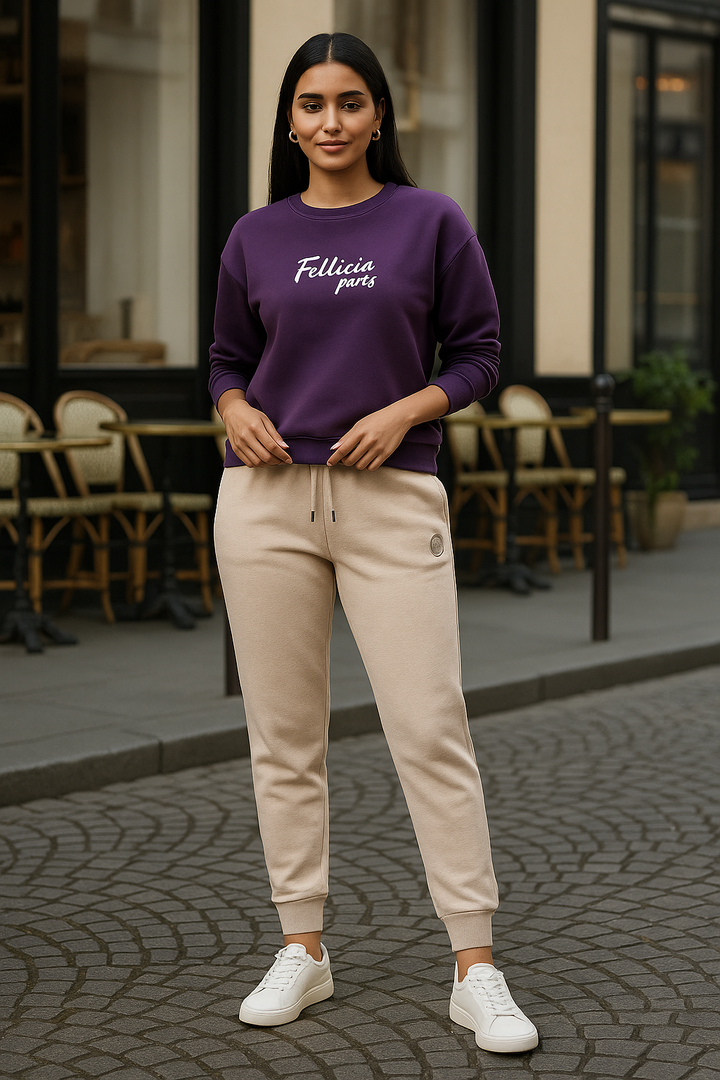 Women's Sweatshirt & Joggers QUIRKY Set (Royal Purple–Beige)