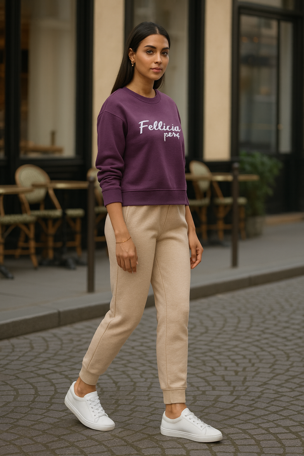 Women's Sweatshirt & Joggers QUIRKY Set (Royal Purple–Beige)