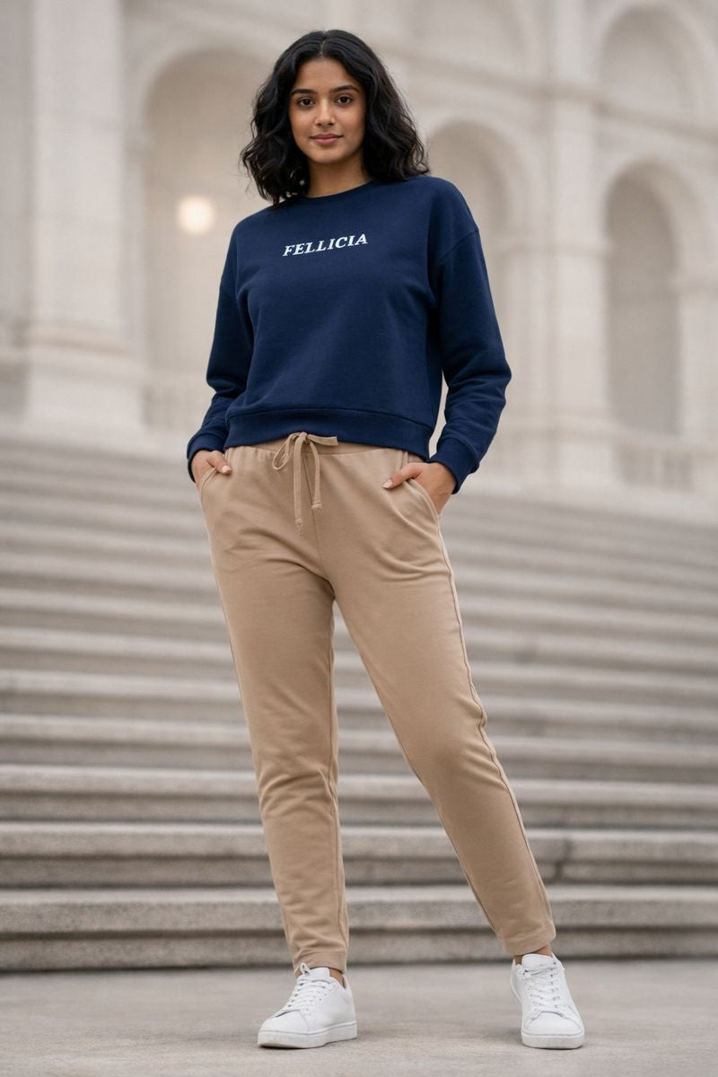 Navy Blue Sweatshirt & Beige Jogger Co-ord Set