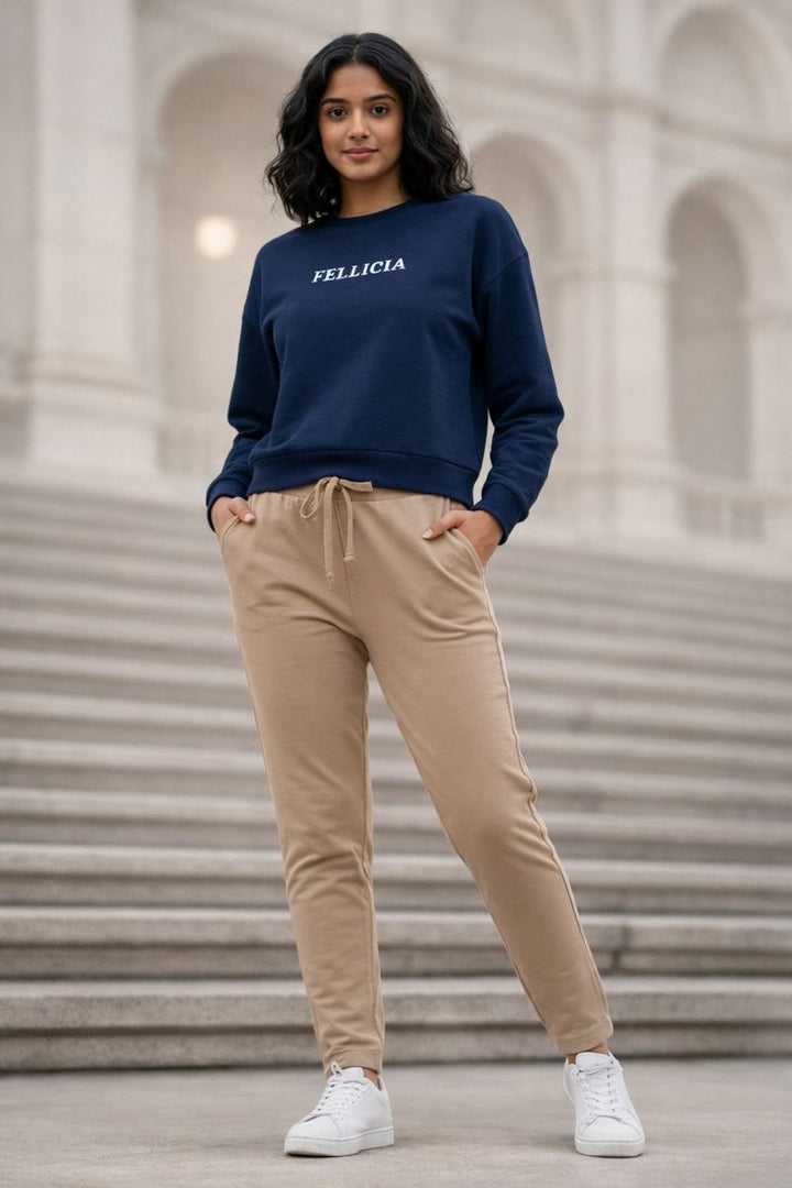 Navy Blue Sweatshirt & Beige Jogger Co-ord Set