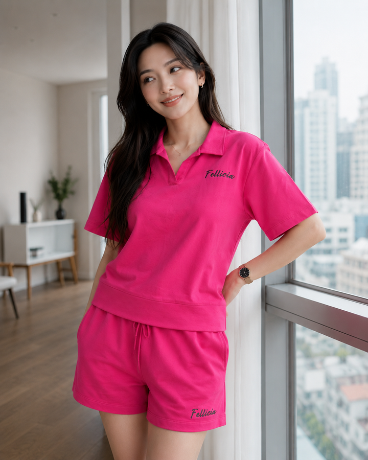 100% Cotton Loop Knit POLO & Shorts Co-ord Set - Fuchsia pink