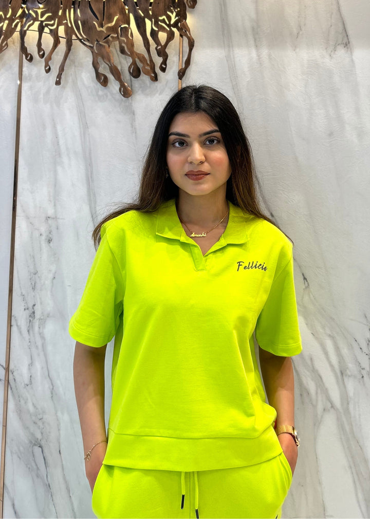 Co-ord Set (Lime Green) French Polo T-shirt & Joggers for Women