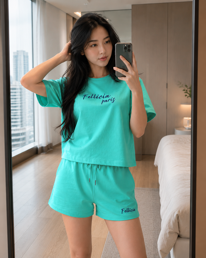 100% Cotton Loop Knit Tee & Shorts Co-ord Set - CORAL