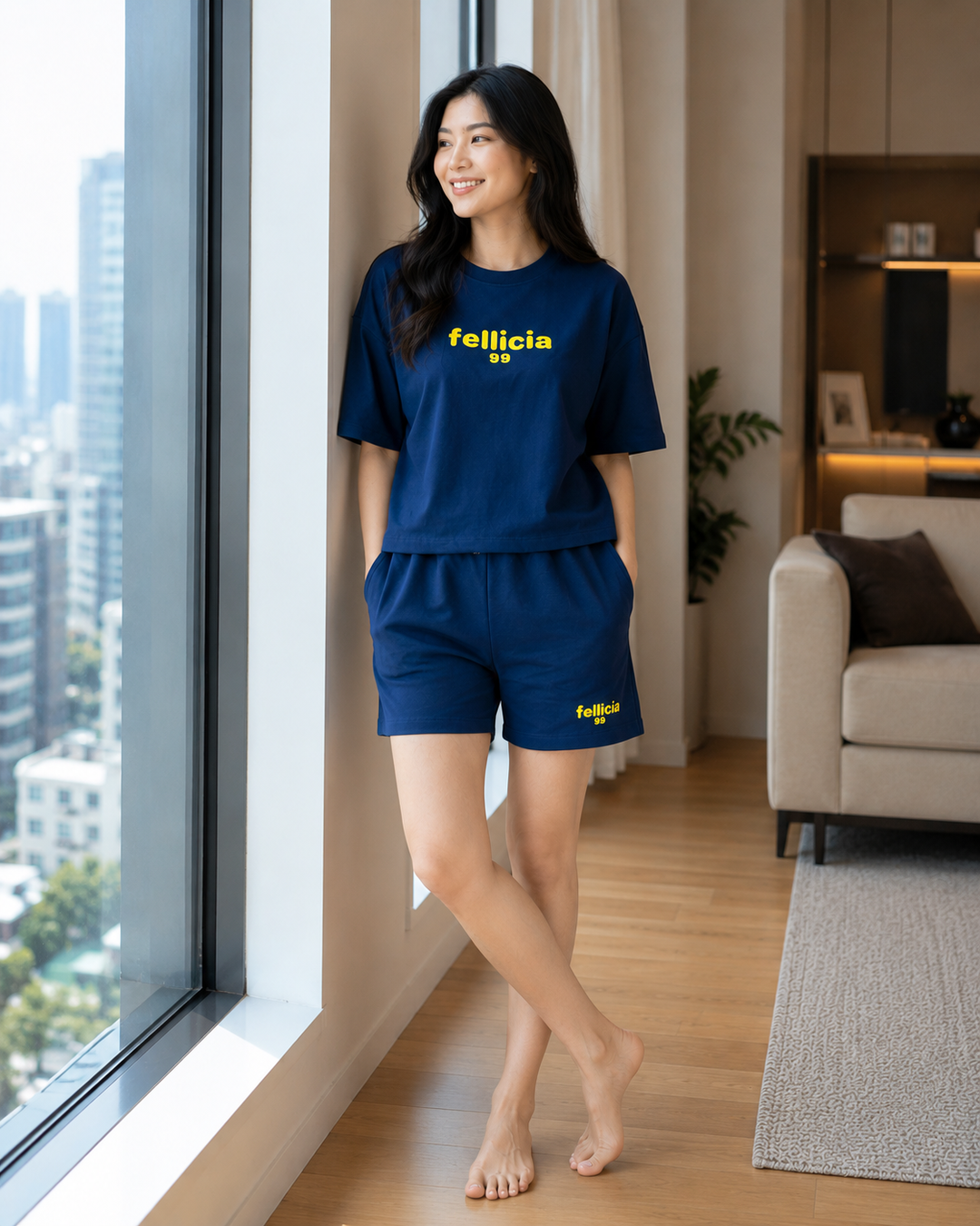 100% Cotton Loop Knit Tee & Shorts Co-ord Set -NAVY BLUE