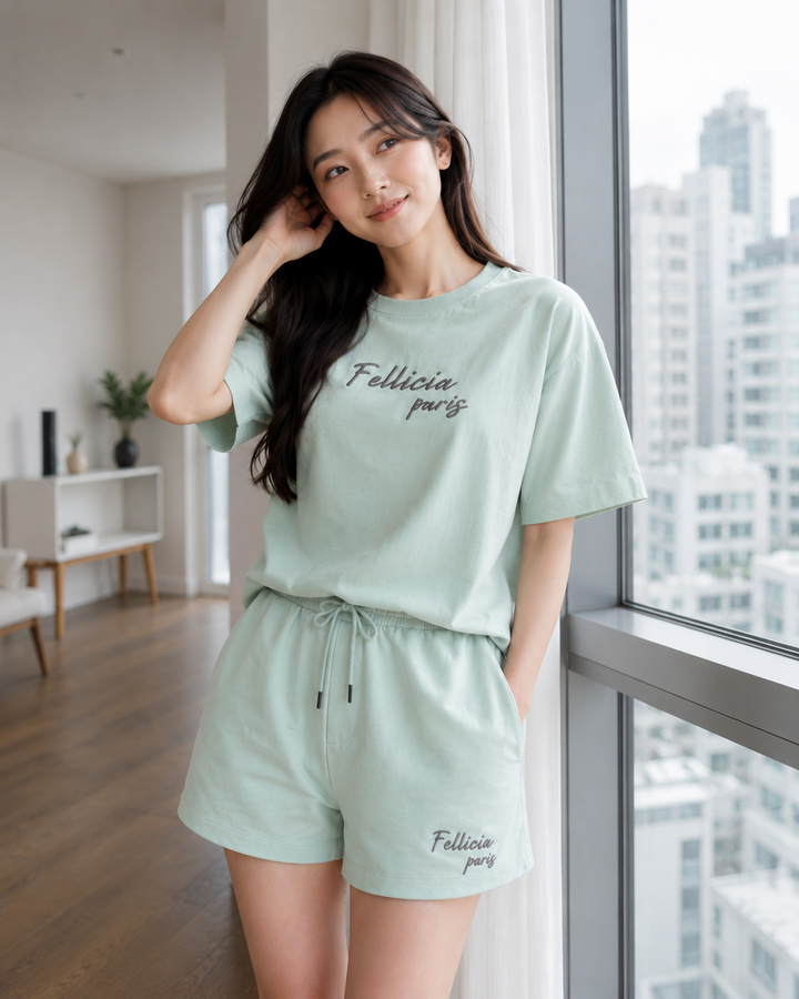 100% Cotton Loop Knit Tee & Shorts Co-ord Set -MINT