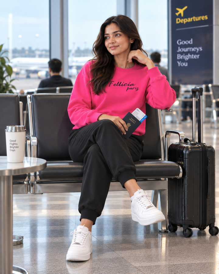 Sweatshirt & Jogger Vacation Set (Fuchsia Pink-Black)
