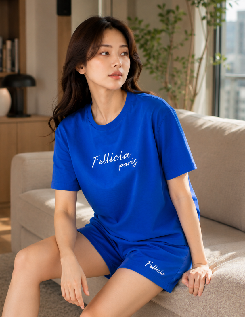 100% Cotton Loop Knit Tee & Shorts Co-ord Set - AZURE BLUE