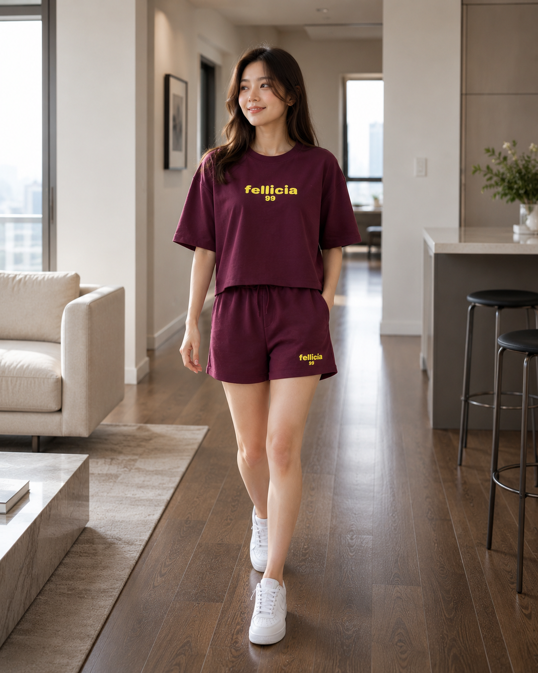 100% Cotton Loop Knit Tee & Shorts Co-ord Set - MAROON