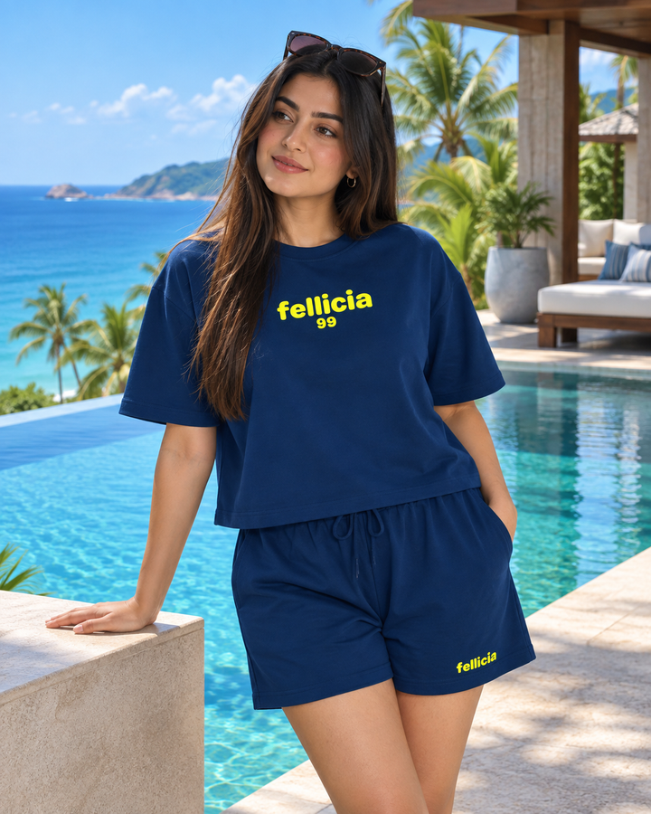 100% Cotton Loop Knit Tee & Shorts Co-ord Set -NAVY BLUE