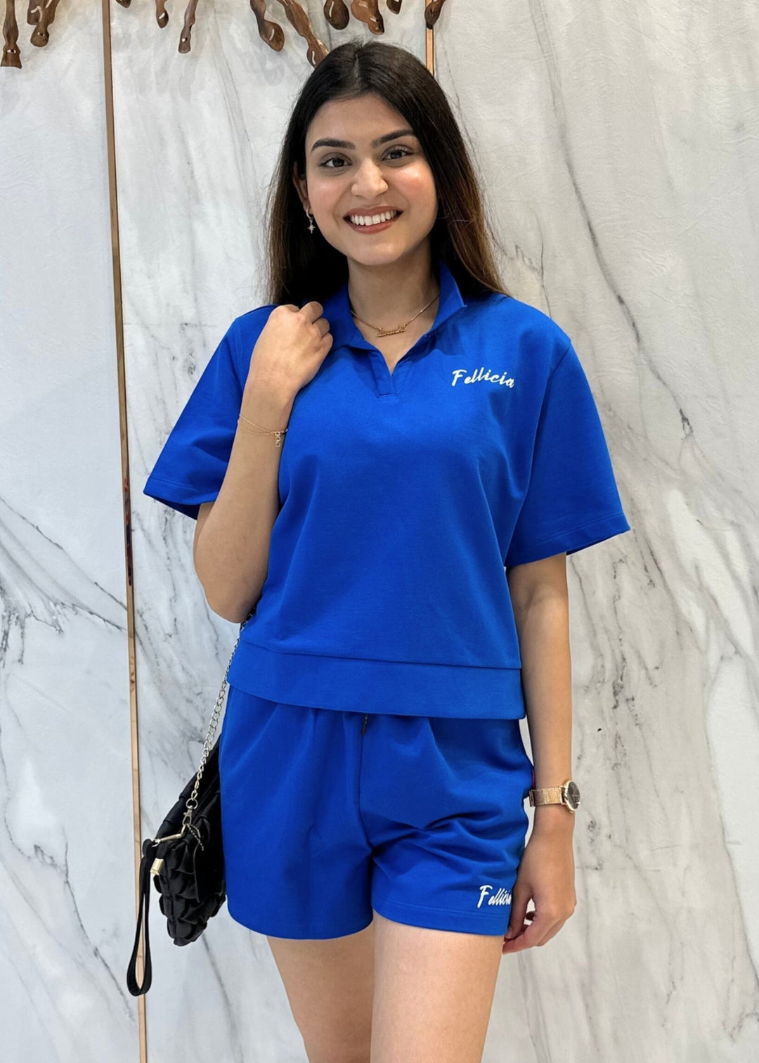 Luxe Collar Sweatshirt Shorts Co-ord Set (Electric Blue)