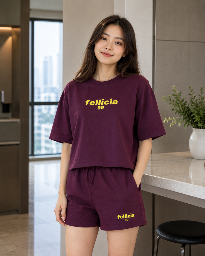 100% Cotton Loop Knit Tee & Shorts Co-ord Set - MAROON