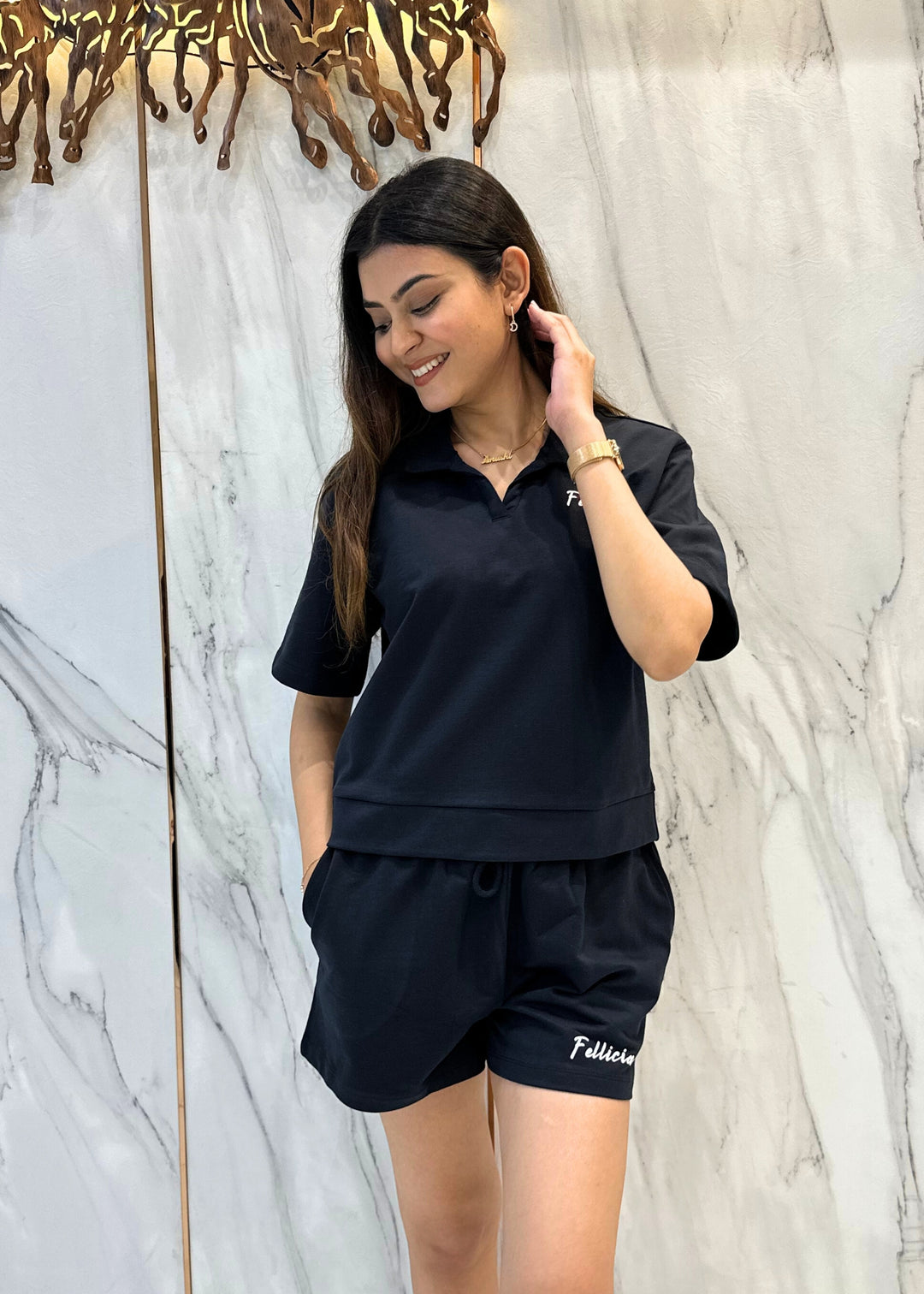 Co-ord Set (Black) French Polo & Shorts for Women