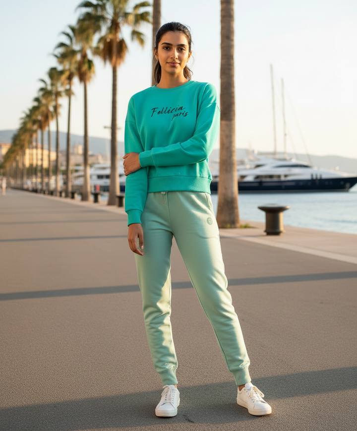 Women’s Sweatshirt & Joggers QUIRKY Set (Coral Green–Mint Green)