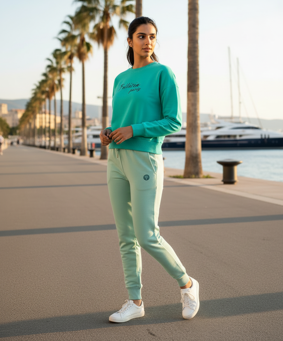 Women’s Sweatshirt & Joggers QUIRKY Set (Coral Green–Mint Green)