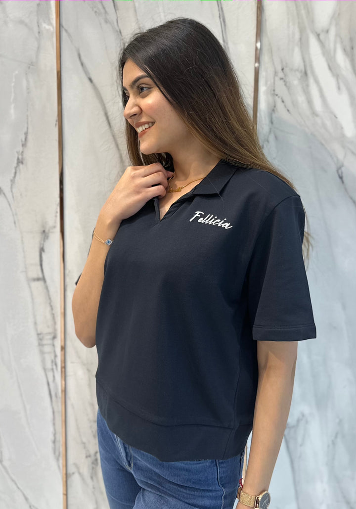 100% Cotton Loop Knit Polo Sweatshirt - BLACK
