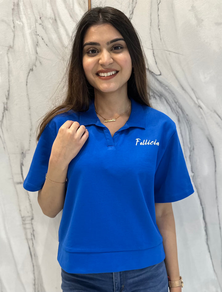 100% Cotton Loop Knit Polo Sweatshirt - AZURE BLUE