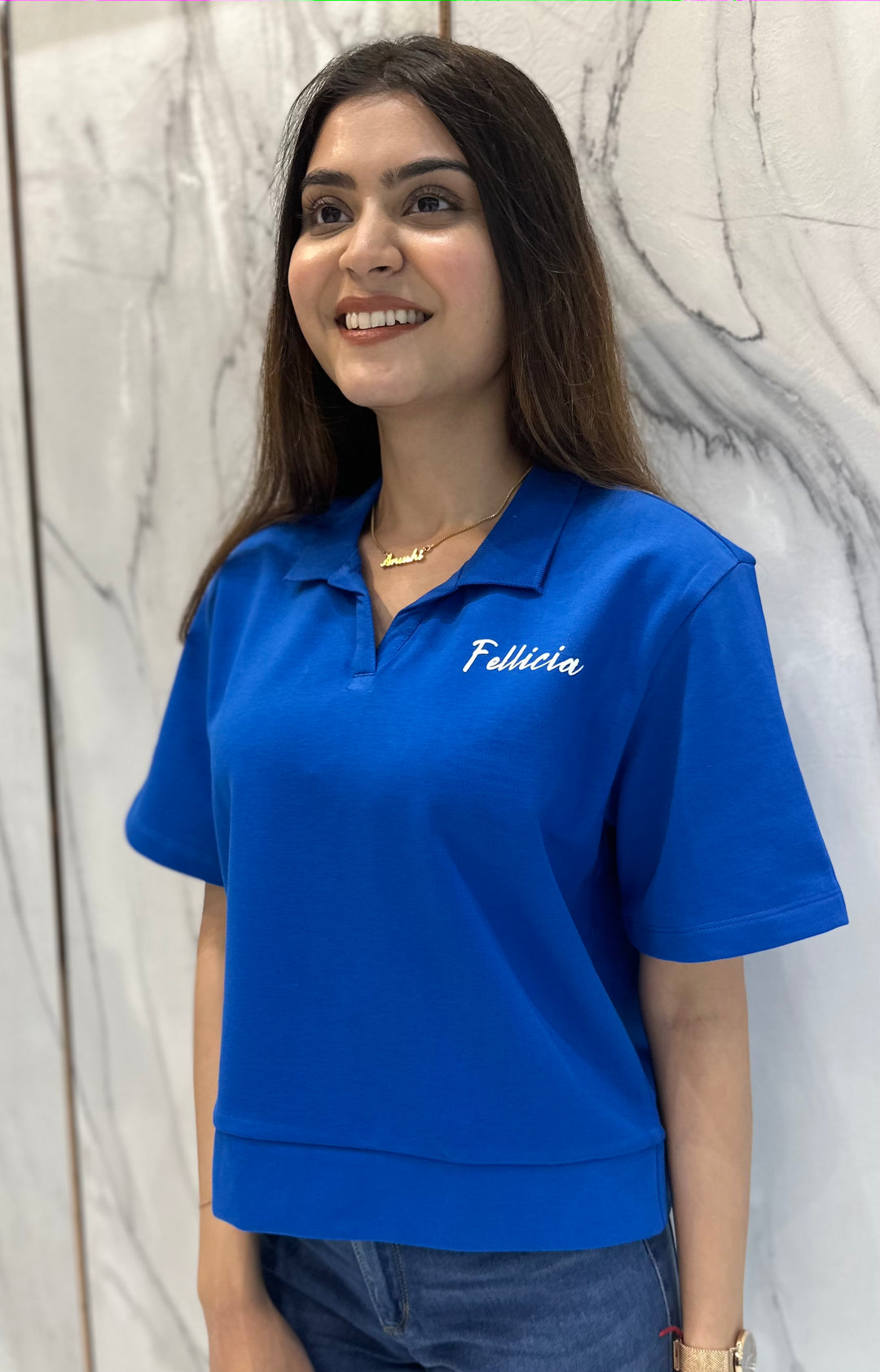 100% Cotton Loop Knit Polo Sweatshirt - AZURE BLUE