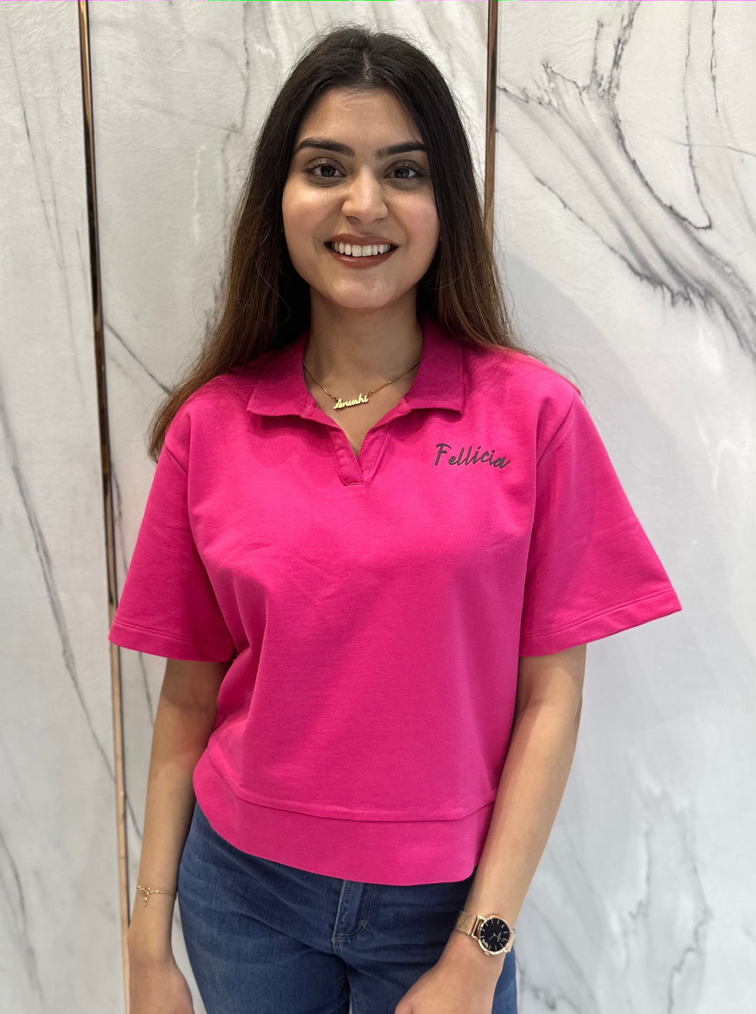 100% Cotton Loop Knit Polo Sweatshirt - FUCHSIA PINK