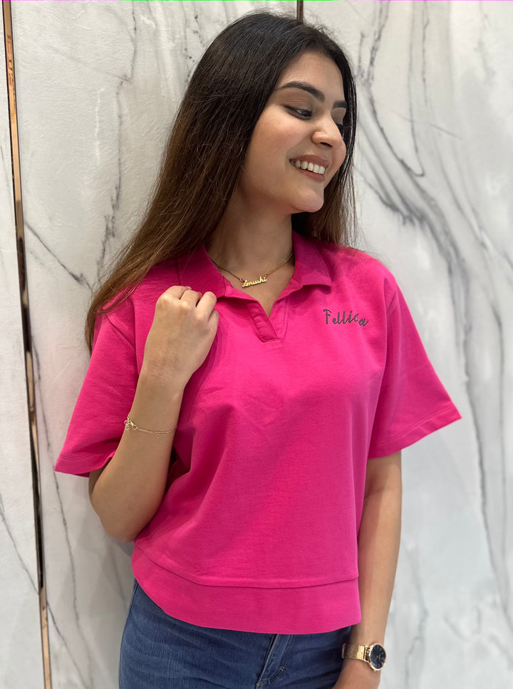 100% Cotton Loop Knit Polo Sweatshirt - FUCHSIA PINK