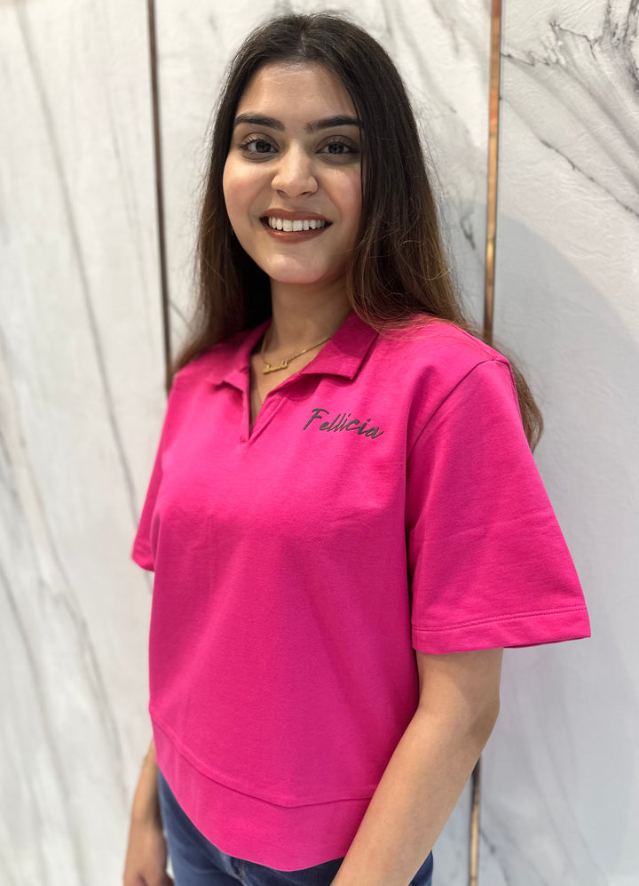 100% Cotton Loop Knit Polo Sweatshirt - FUCHSIA PINK