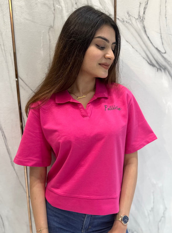 100% Cotton Loop Knit Polo Sweatshirt - FUCHSIA PINK