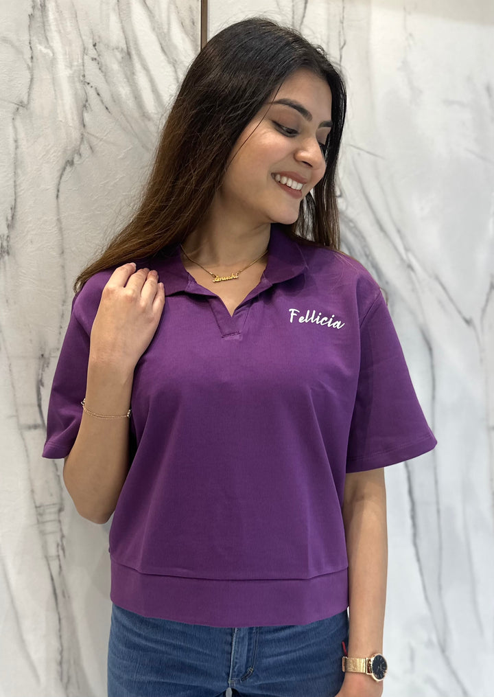 100% Cotton Loop Knit Polo Sweatshirt - PURPLE