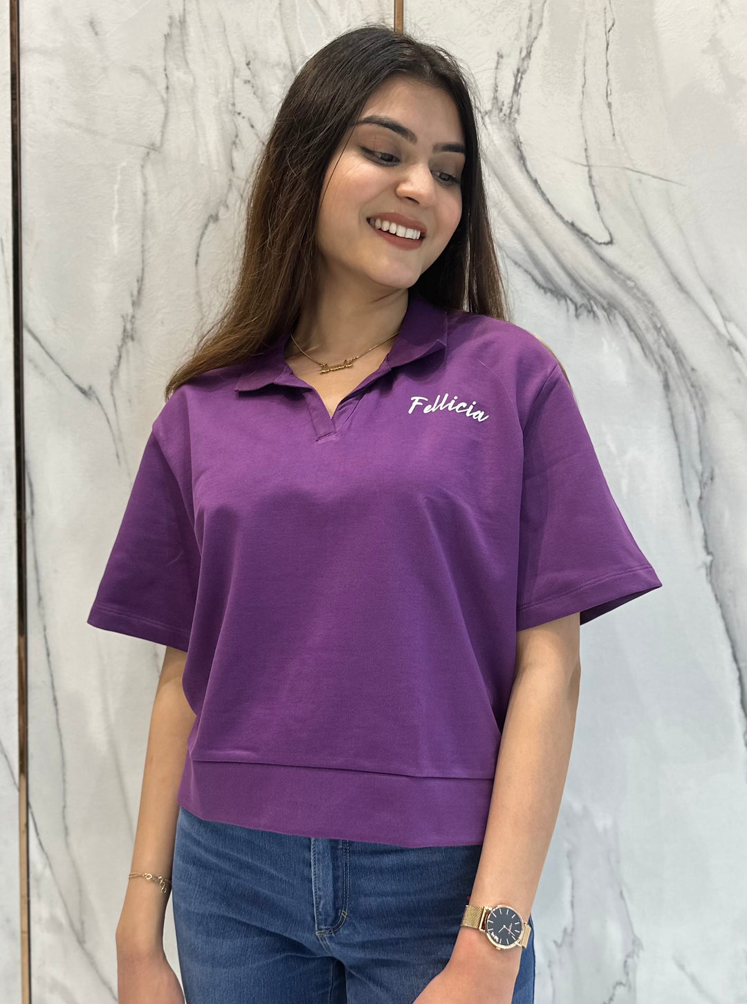 100% Cotton Loop Knit Polo Sweatshirt - PURPLE