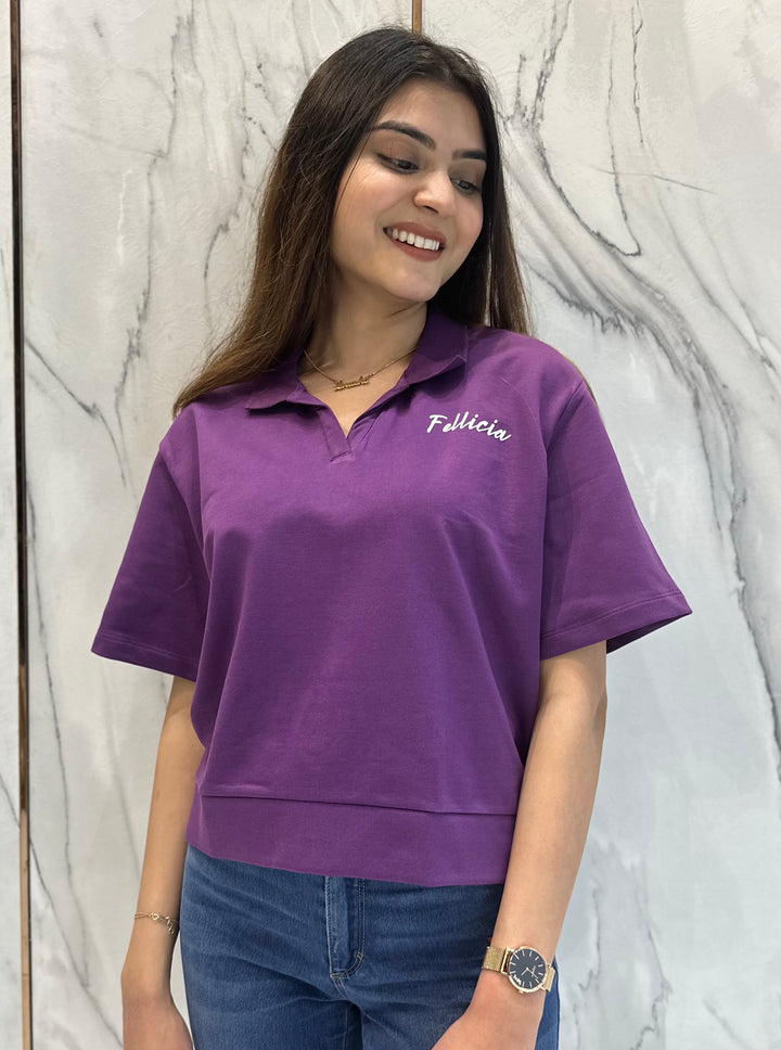 100% Cotton Loop Knit Polo Sweatshirt - PURPLE