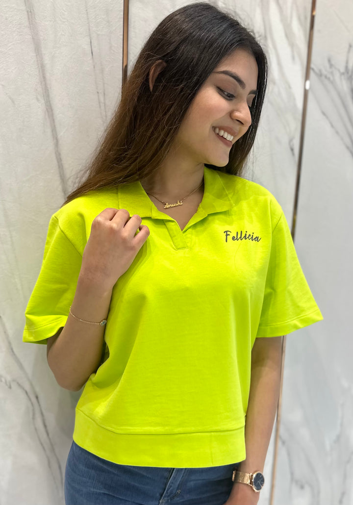 100% Cotton Loop Knit Polo Sweatshirt - LIME GREEN