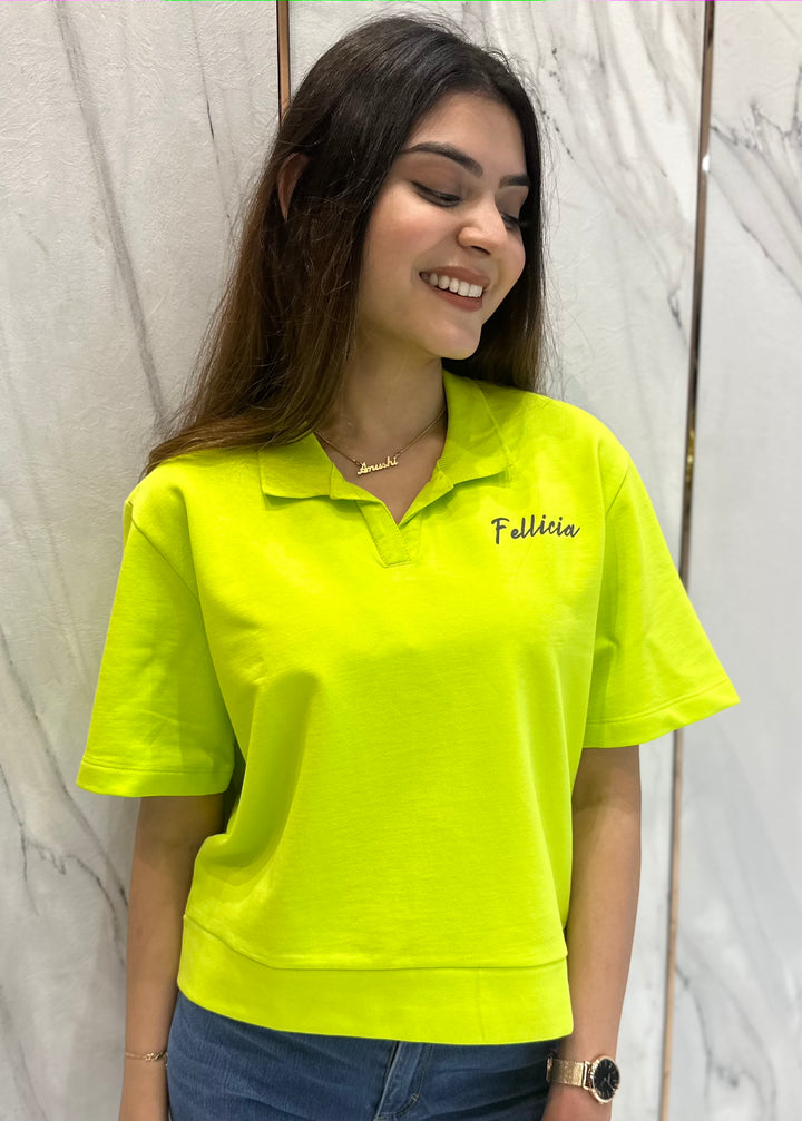 100% Cotton Loop Knit Polo Sweatshirt - LIME GREEN