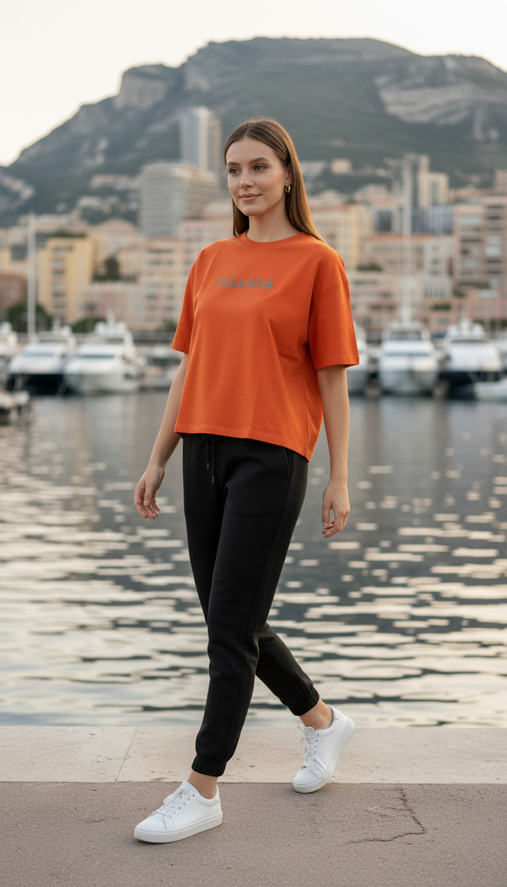 FUNKY Summer – Rust Orange Sweat-Tee & Black Jogger Set