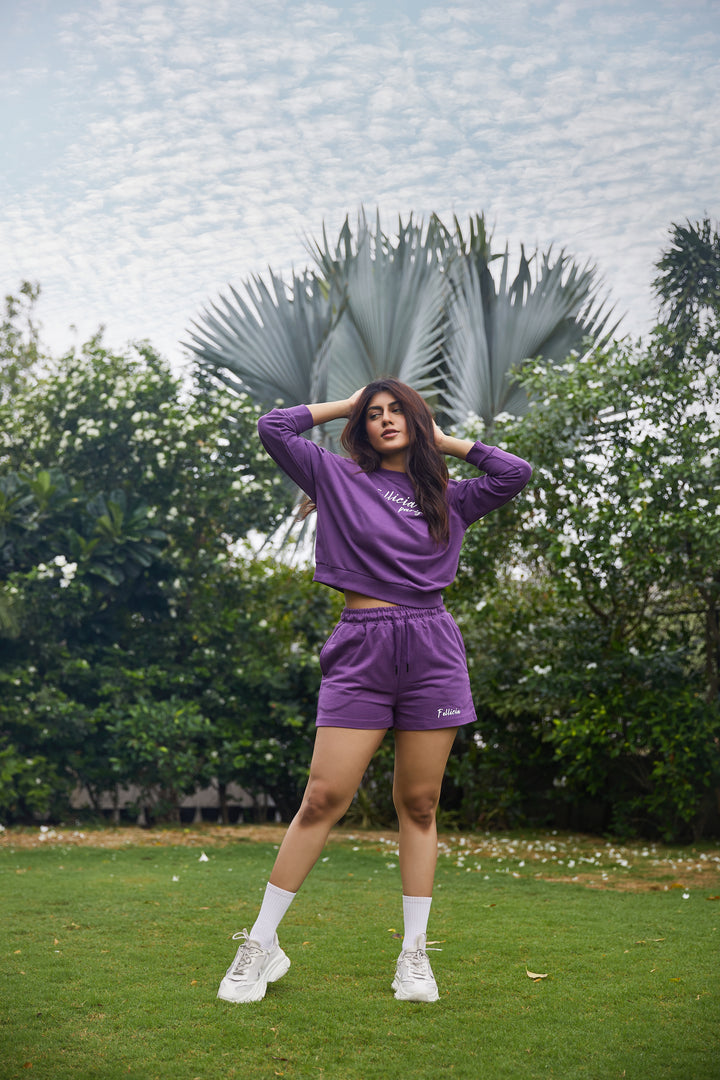 100% Cotton Loop Knit Tee & Shorts Co-ord Set - PURPLE