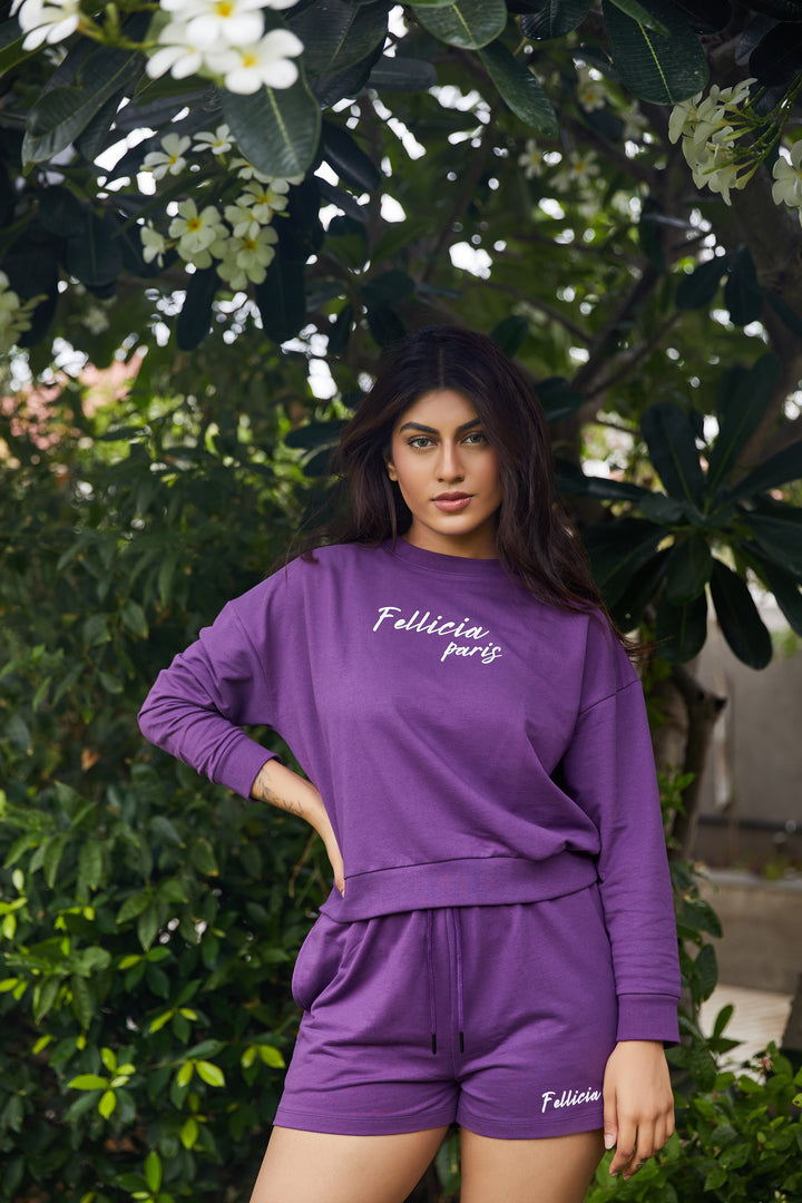 100% Cotton Loop Knit Tee & Shorts Co-ord Set - PURPLE