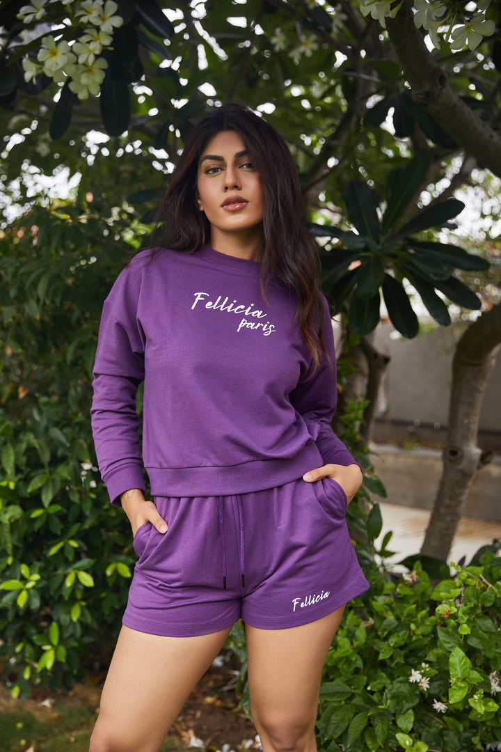 100% Cotton Loop Knit Tee & Shorts Co-ord Set - PURPLE