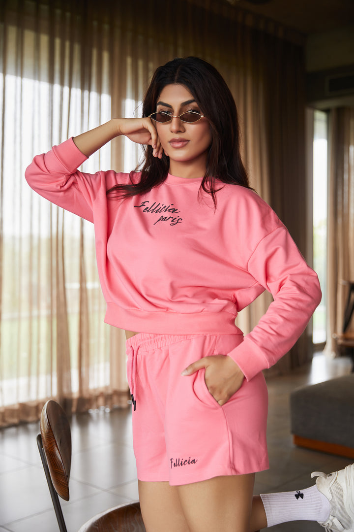100% Cotton Loop Knit Tee & Shorts Co-ord Set - PINK