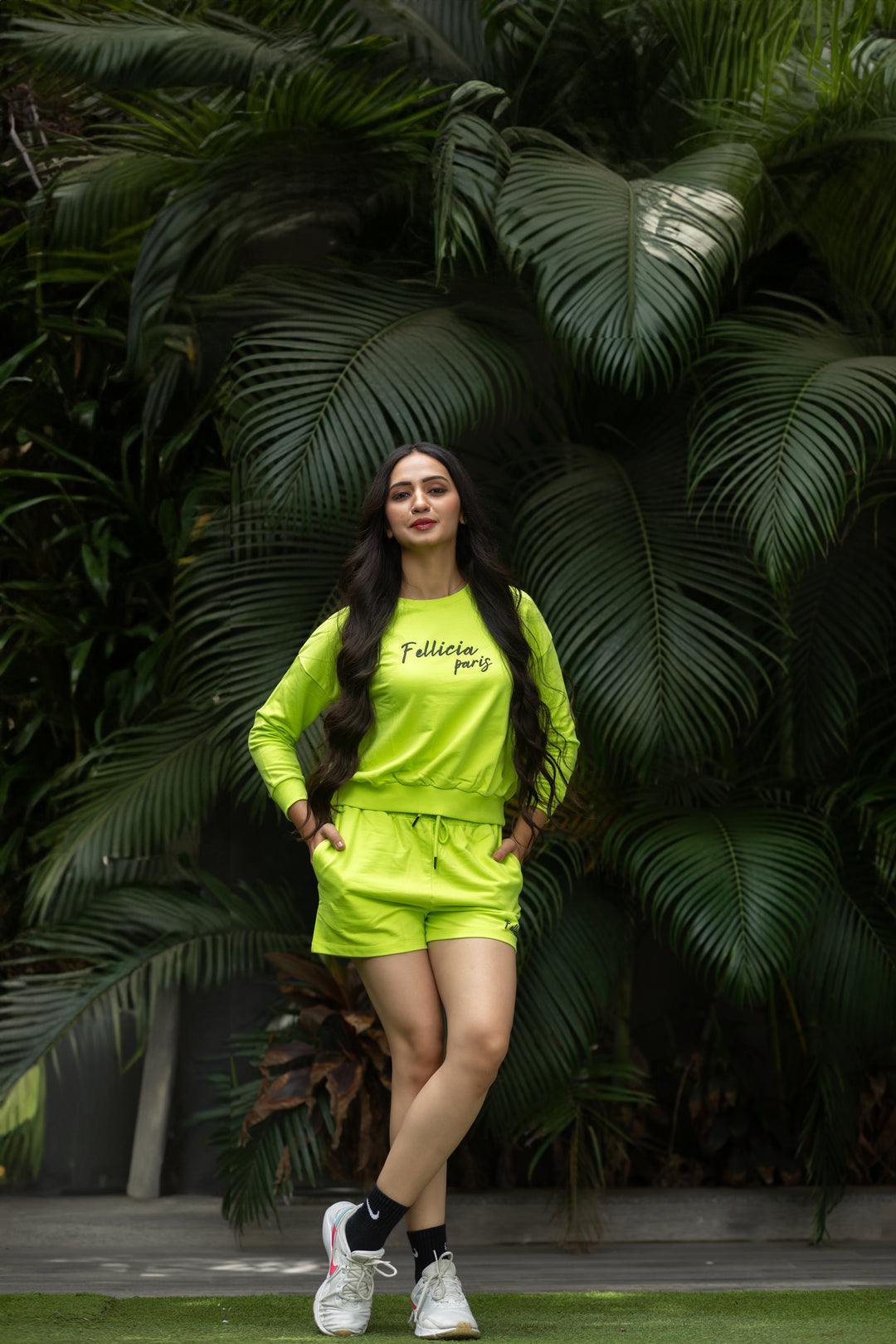 100% Cotton Loop Knit Sweatshirt & Shorts Co-ord Set – LIME GREEN