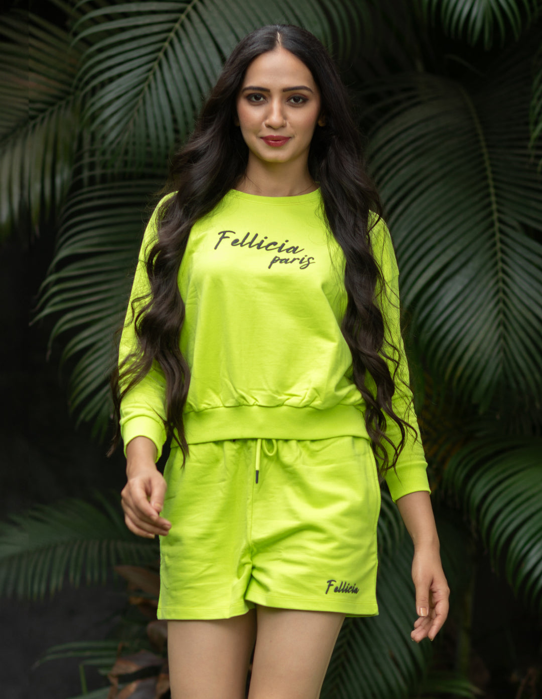 100% Cotton Loop Knit Sweatshirt & Shorts Co-ord Set – LIME GREEN