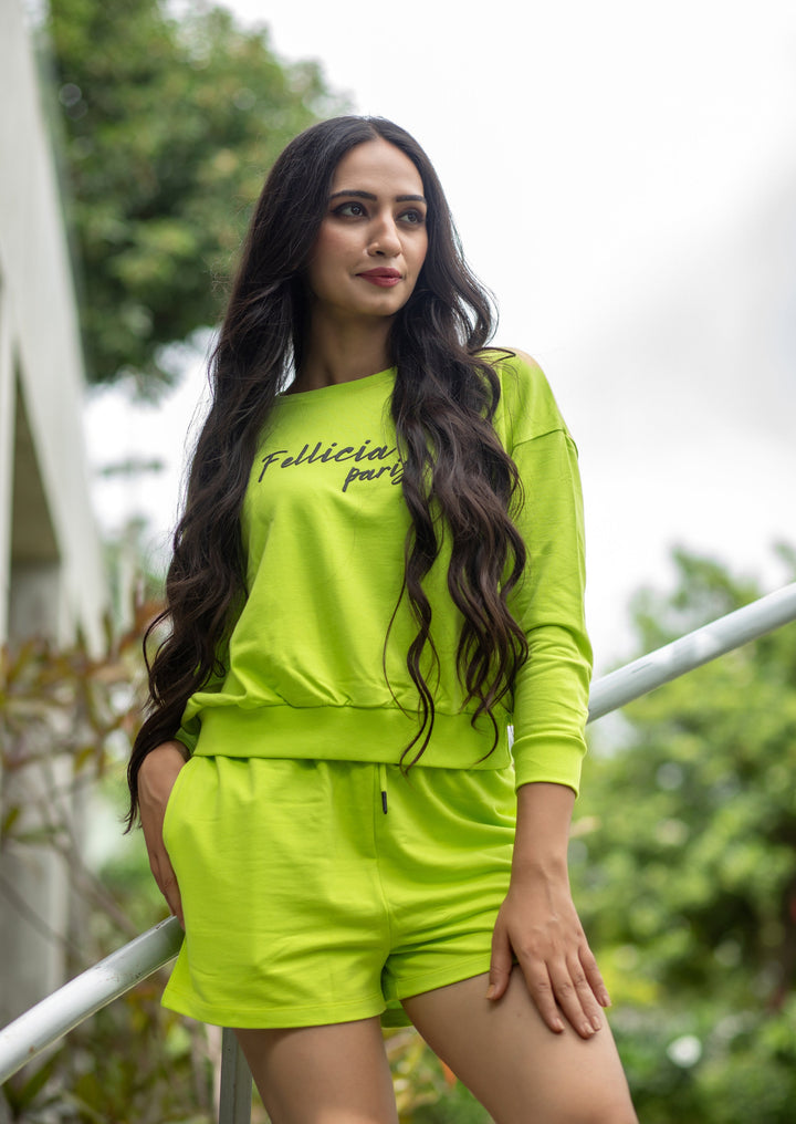 Co-ord Set (Lime Green) Sweatshirt & Shorts for Women