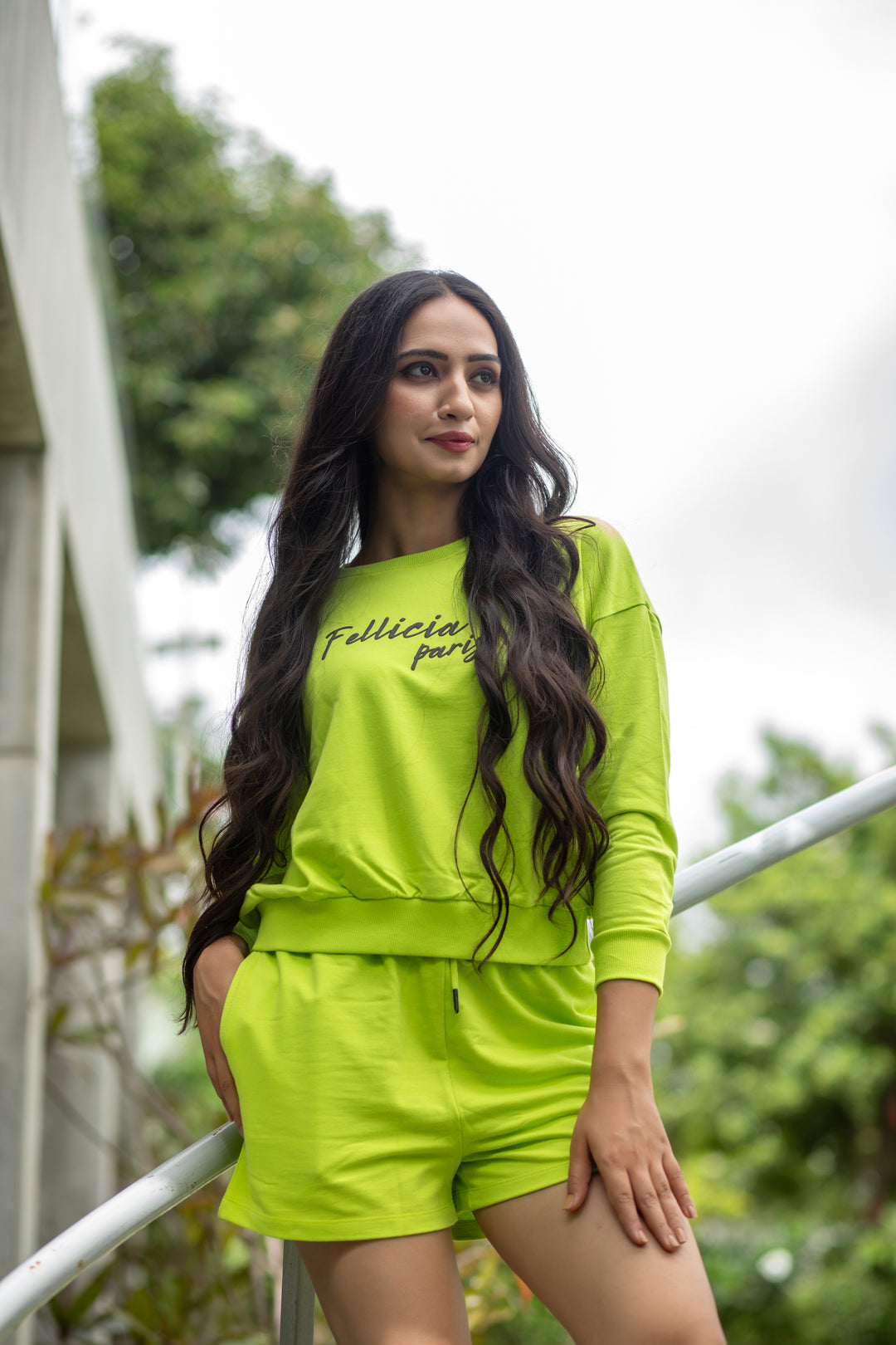 100% Cotton Loop Knit Sweatshirt & Shorts Co-ord Set – LIME GREEN