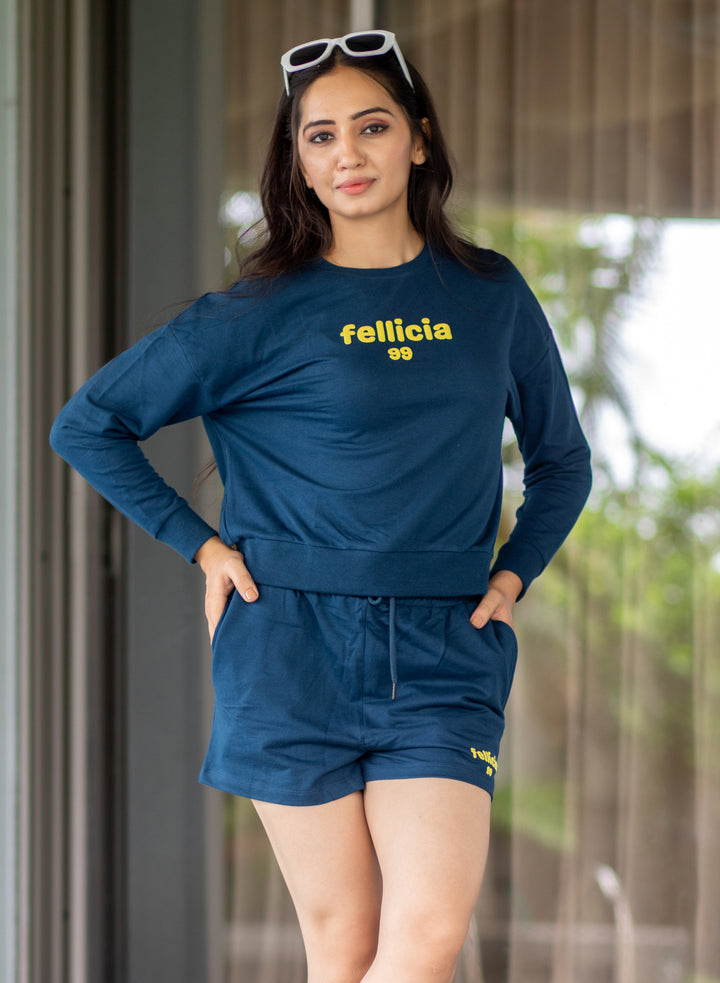 100% Cotton Loop Knit Sweatshirt & Shorts Co-ord Set – NAVY BLUE