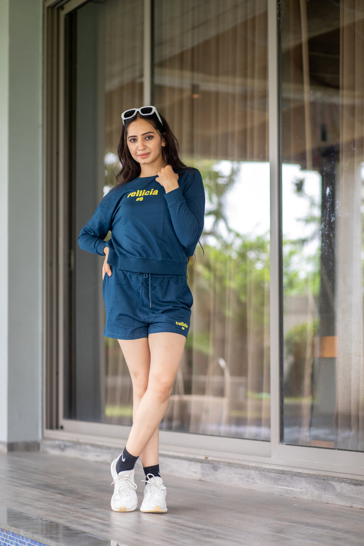 100% Cotton Loop Knit Sweatshirt & Shorts Co-ord Set – NAVY BLUE