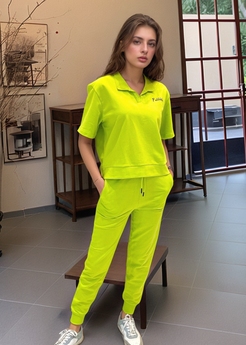 Co-ord Set (Lime Green) French Polo T-shirt & Joggers for Women