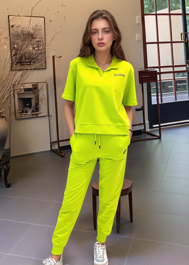 Co-ord Set (Lime Green) French Polo T-shirt & Joggers for Women