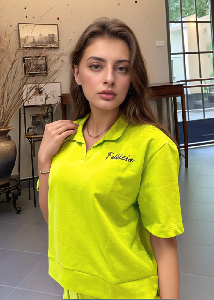 Co-ord Set (Lime Green) French Polo T-shirt & Joggers for Women