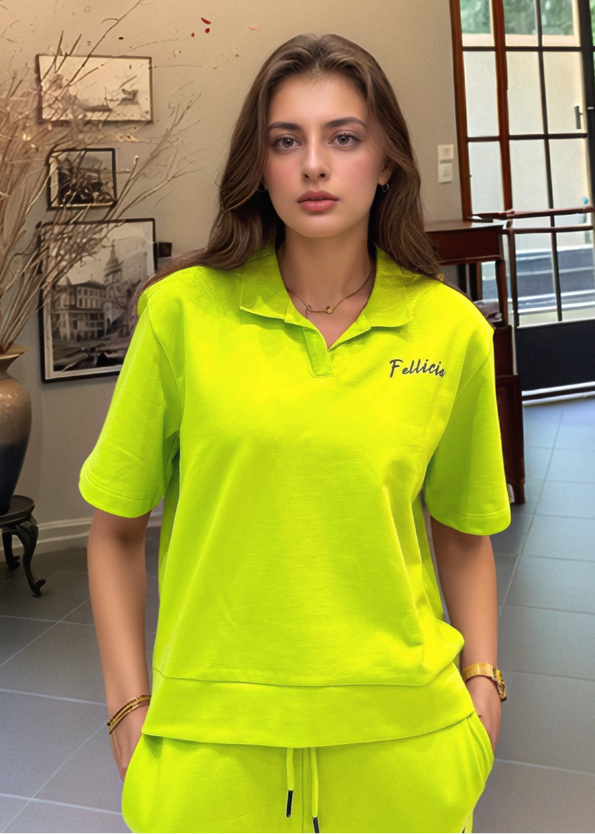 Co-ord Set (Lime Green) French Polo T-shirt & Joggers for Women