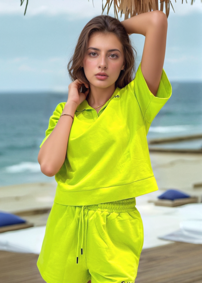 Co-ord Set (Lime Green) French Polo & Shorts for Women