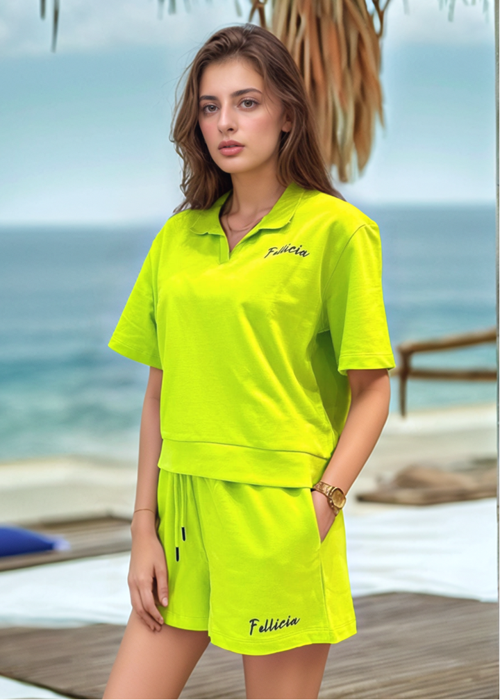 Co-ord Set (Lime Green) French Polo & Shorts for Women